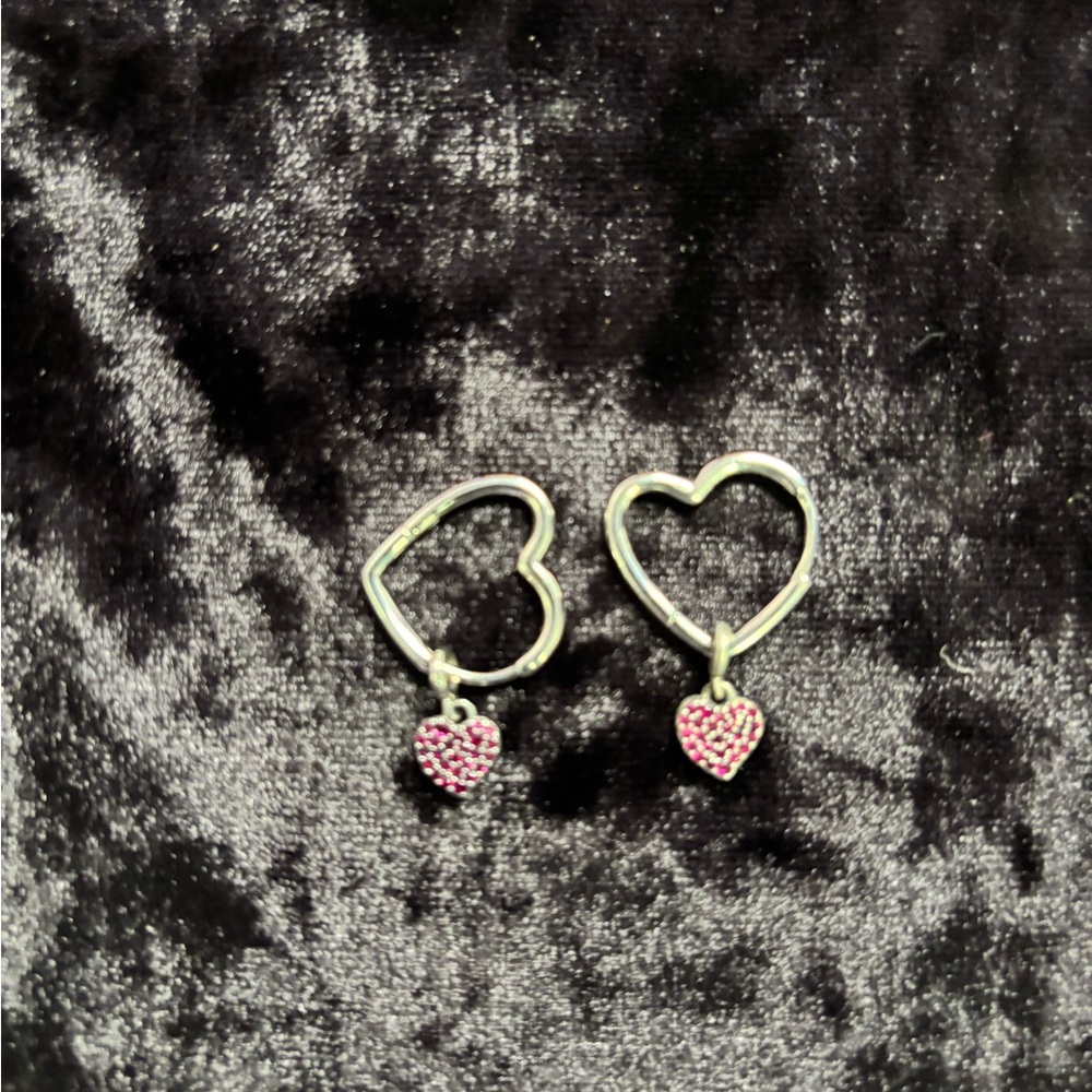 Pandora Silver Heart Earrings with Pink Charms